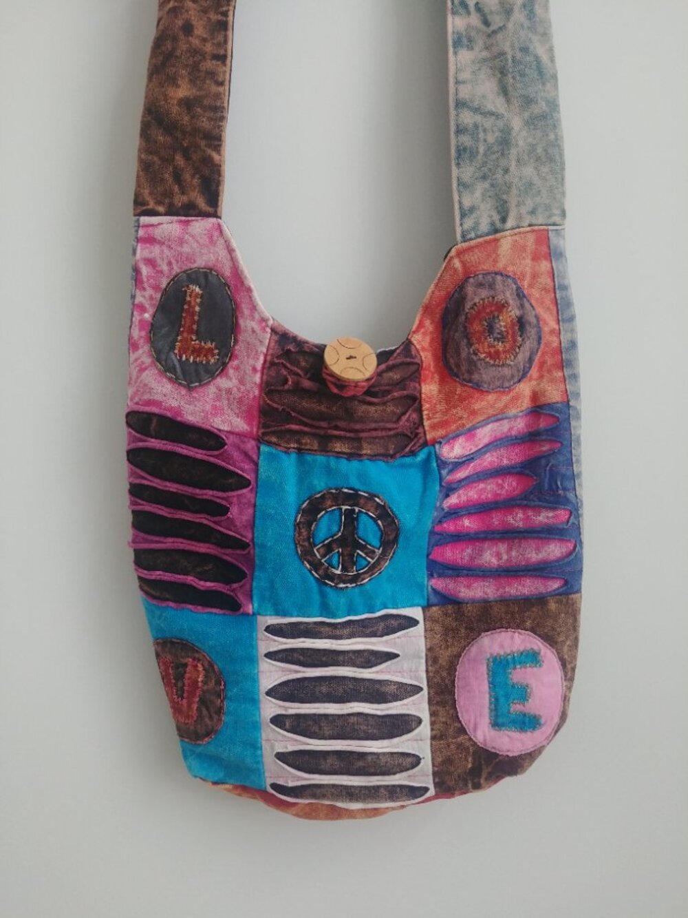 Handmade cotton denim patchwork bag wide strap shoulder crossbody bag - Picture 4 of 14